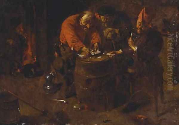 Elderly peasants playing cards on a barrell, in an interior Oil Painting by Abraham Diepraam