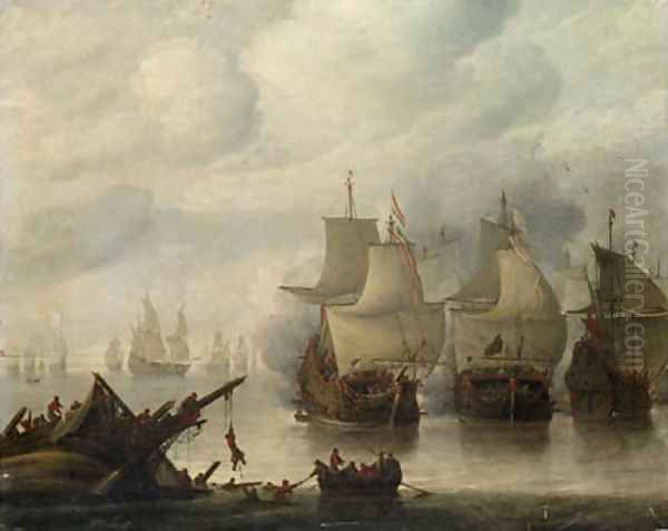 A naval battle between English and Dutch fleets in a calm, sailors abandoning a wreck in the foreground Oil Painting by Hendrick Dubbels