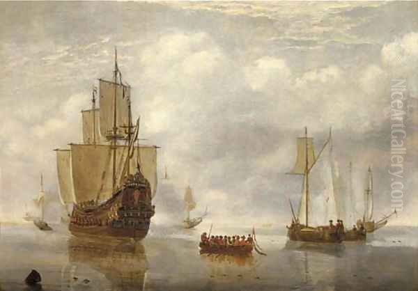 A States Yacht firing a salute at a departing barge, with other shipping in a calm Oil Painting by Hendrick Dubbels