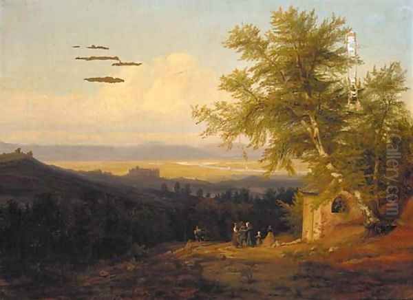 Travellers in a mountainous landscape Oil Painting by Johan Christian Clausen Dahl