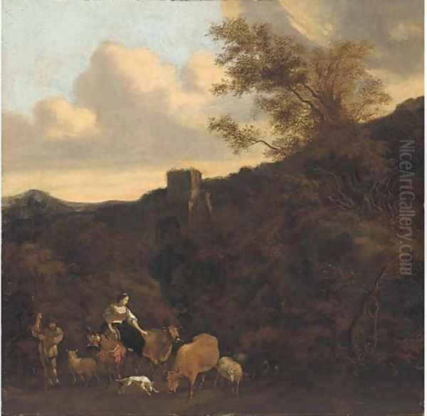 A maiden happening upon a cattle drover, a tower beyond Oil Painting by Karel Dujardin