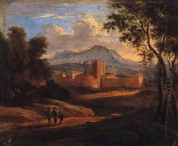 An Italianate landscape with travellers on a track, a walled town beyond Oil Painting by Karel Dujardin