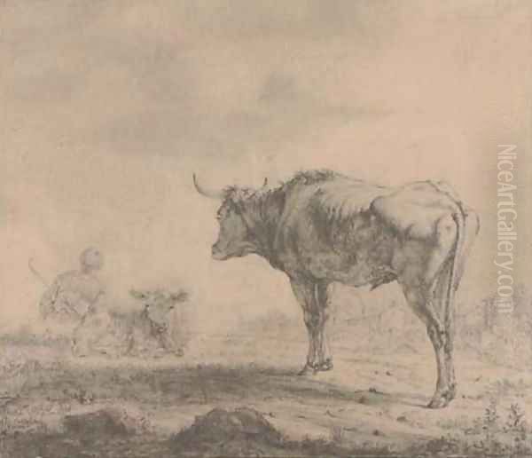 A bull looking over a resting drover Oil Painting by Karel Dujardin