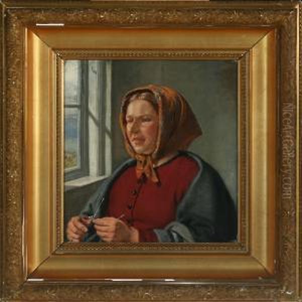 Portrait Of A Young Womanknitting With Daylight From The Window Oil Painting by Jorgen Roed