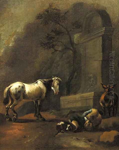 A traveller resting by a fountain in an Italianate landscape Oil Painting by Karel Dujardin