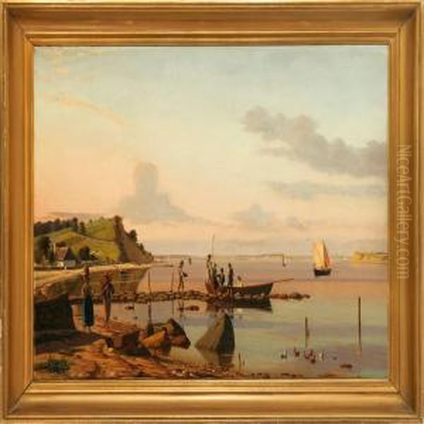 Idyllic Coastal Scene On A Calm Summer Day With Fishermen And Peasants On The Beach Oil Painting by Jorgen Roed