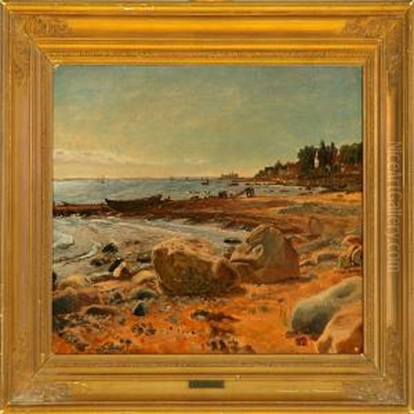 Coastal Scene Fromhellebaek Village On A Calm Summer Day Oil Painting by Jorgen Roed