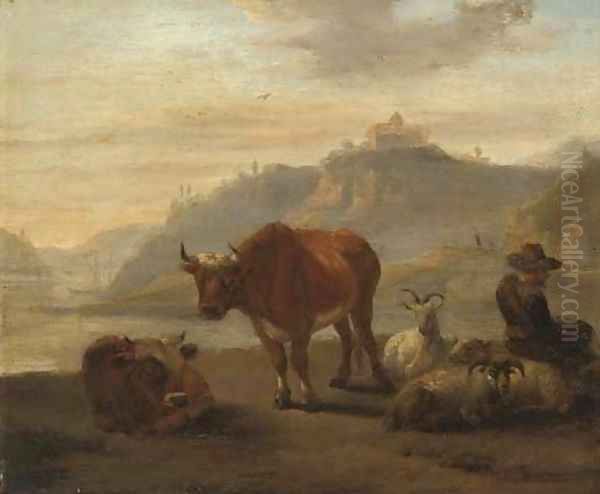 A river landscape with cattle and a shepherd and his flock in the foreground Oil Painting by Karel Dujardin