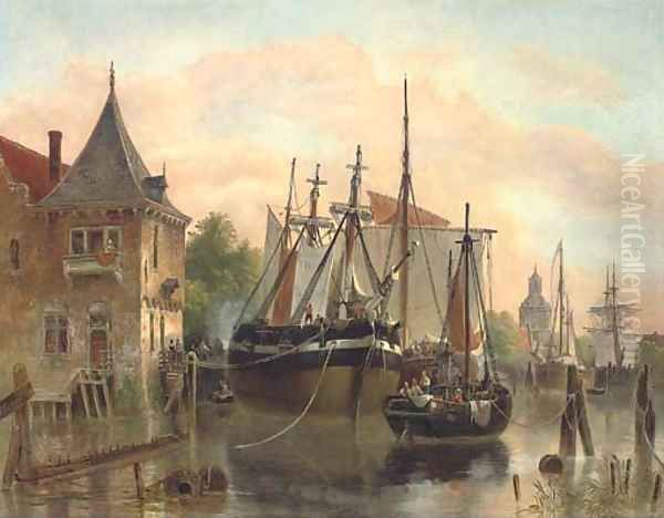 A busy day on the Amstel Oil Painting by Pieter Cornelis Dommersen