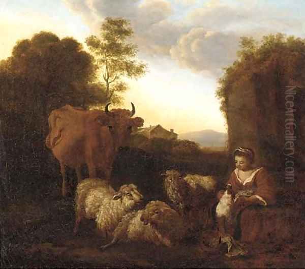 A Shepherdess with her livestock at dusk Oil Painting by Simon van der Does