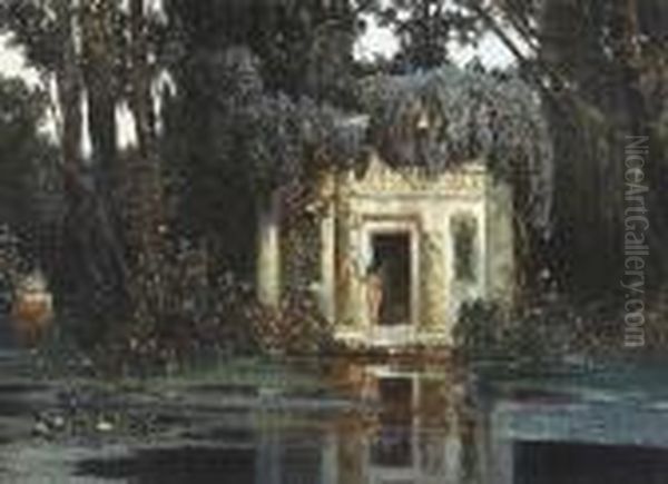 A Sprite By A Lakeside Temple Oil Painting by Max Roeder