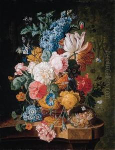 Roses, Lilies, Carnations, 
Polyanthus And Other Flowers In Asculpted Urn, A Wasp, Moth, Bee And A 
Bird's Nest On A Marbleledge Oil Painting by Johan Christian Roedig