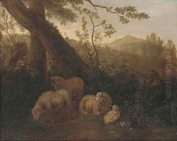 A wooded landscape with sheep in the foreground Oil Painting by Simon van der Does