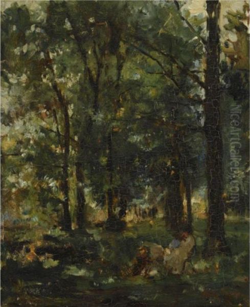 Resting Figures In A Forest Landscape Oil Painting by Albert Roelofs