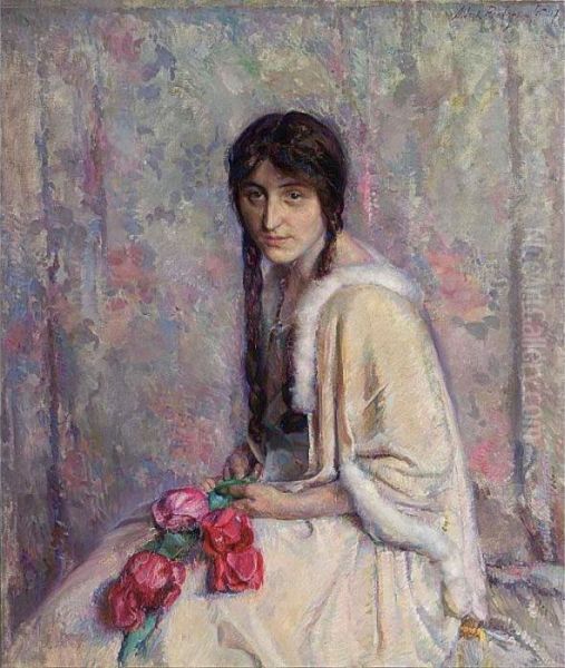 A Girl Holding Flowers Oil Painting by Albert Roelofs