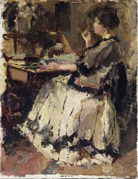 An Elegant Lady At A Writing Desk (probably Tjieke Roelofs) Oil Painting by Albert Roelofs