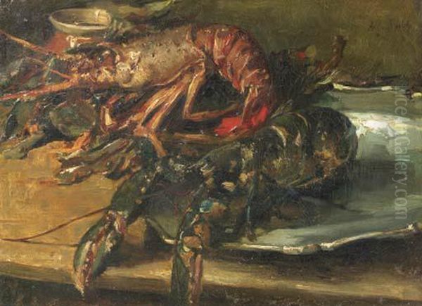 Lobsters On A Silver Plate Oil Painting by Albert Roelofs