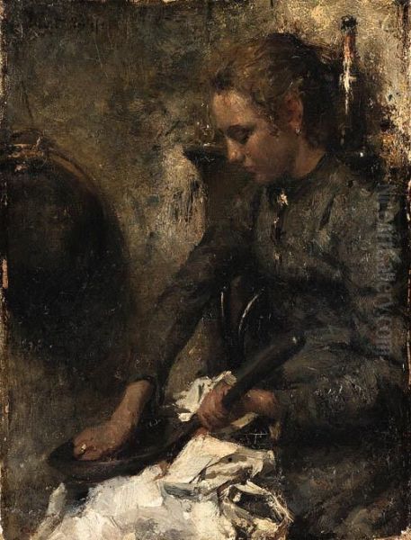 A Woman Cleaning A Pan Oil Painting by Albert Roelofs