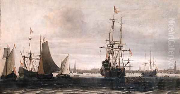 A man-of-war, a rowing boat and other shipping on the IJ, Amsterdam Oil Painting by Willem van Diest