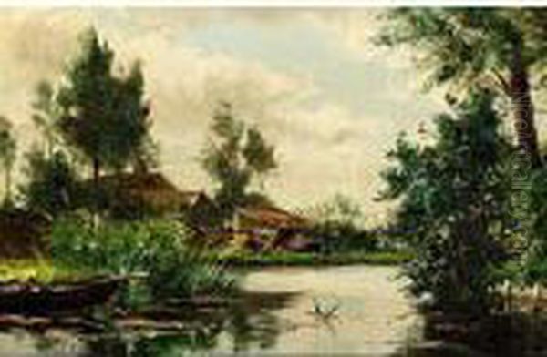 Moored Boat In A Polder Landscape Oil Painting by Willem Roelofs