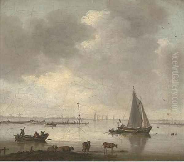 A river landscape with cattle and fishermen Oil Painting by Willem van Diest