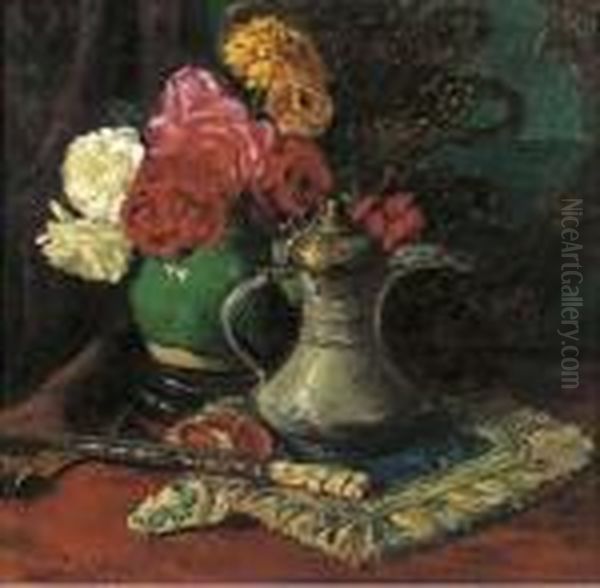 Roses In A Chinese Jar Amongst Oriental Objects Oil Painting by Willem Roelofs