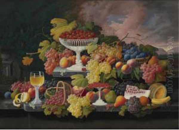 Still Life With Fruit In A Landscape Oil Painting by Severin Roesen