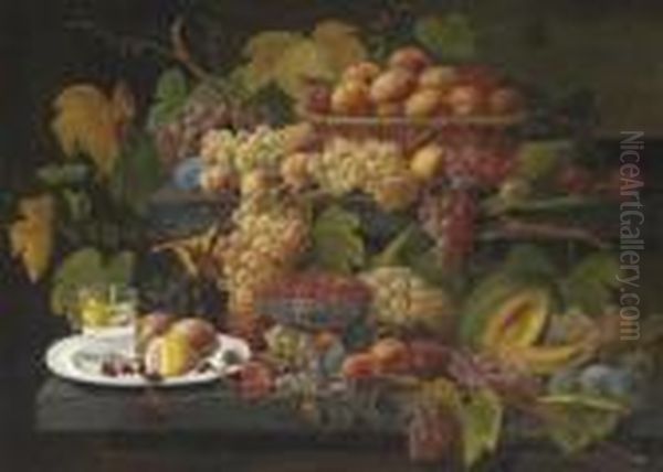 Fruit And Lemon Water Oil Painting by Severin Roesen