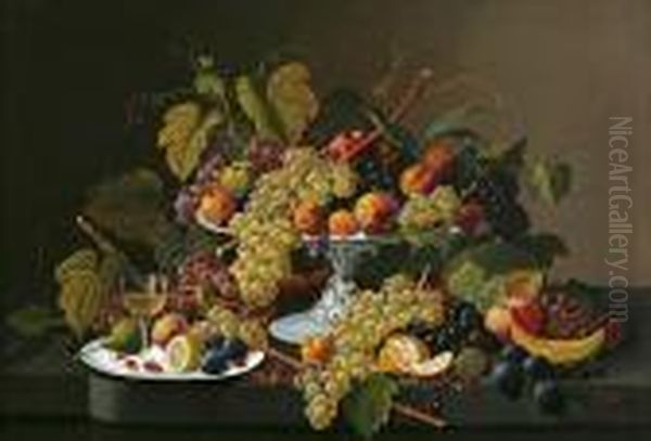 Still Life Of Fruit And Wine On A Table Oil Painting by Severin Roesen