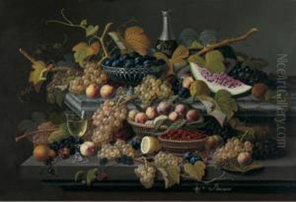 Elaborate Still Life With Silver Basket Of Plums Oil Painting by Severin Roesen