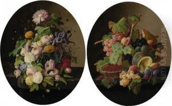 Flowers And Fruit: A Pair Of Still Lifes Oil Painting by Severin Roesen