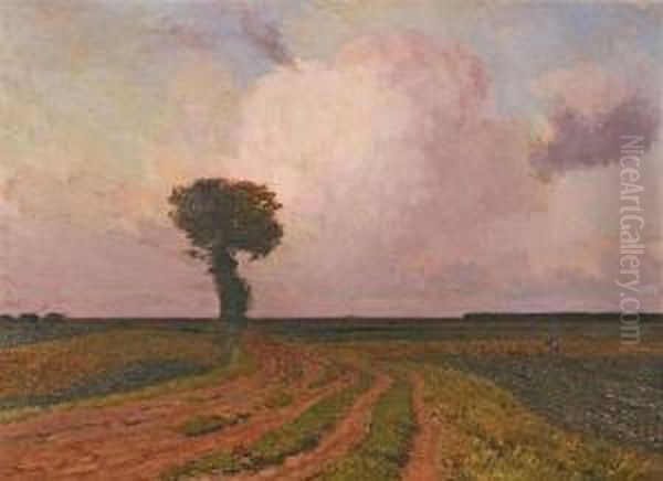 Vast Landscape With Lonely Tree And Farmer At Work by Louis Albert Roessingh