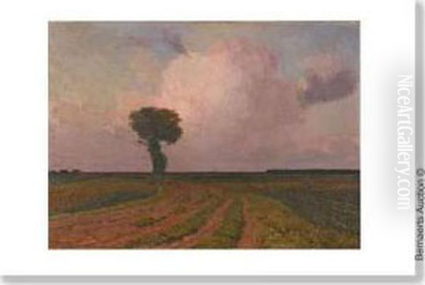 Vast Landscapewith Lonely Tree And Farmer At Work. Oil Painting by Louis Albert Roessingh