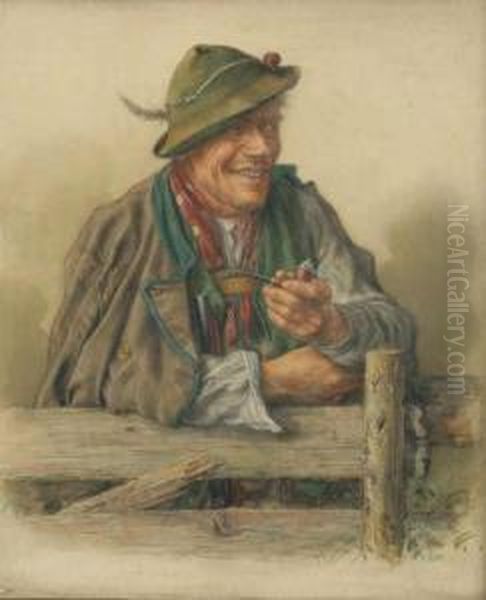 A Pipe Smoker Oil Painting by Georg Roessler