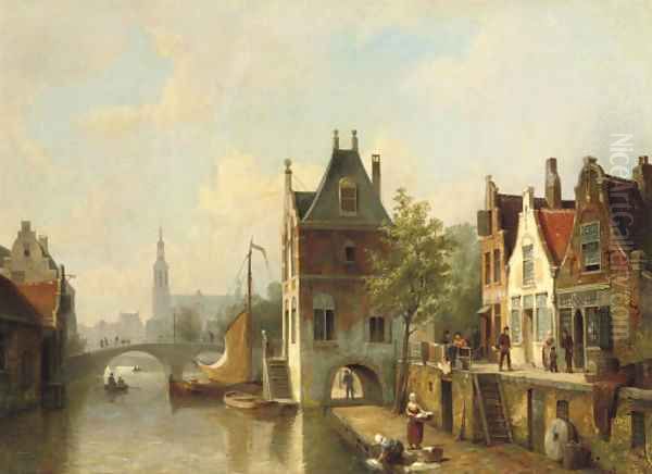 A capriccio view of a canal in Alkmaar Oil Painting by Cornelis Christiaan Dommersen