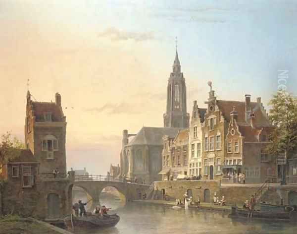 A view of a canal in a Dutch town Oil Painting by Cornelis Christiaan Dommersen