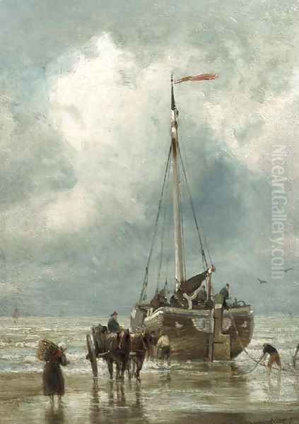 Fishermen unloading a bomschuit Oil Painting by Cornelis Christiaan Dommersen