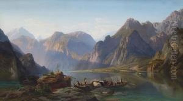 Hochgebirgslandschaft Mit Am Ufer Liegendem Kahn, Personen- Undtierstaffage Oil Painting by Francois Roffiaen