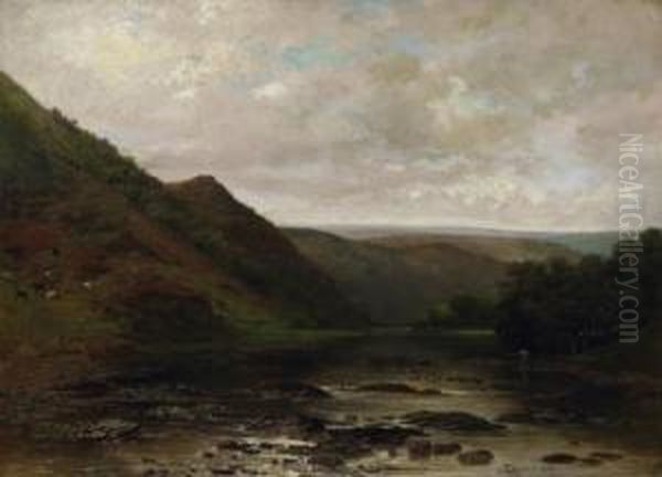 Quiet River Valley In The Ardennen. Signed And Dated Bottom Right: A. Roffien 1864 Oil Painting by Francois Roffiaen