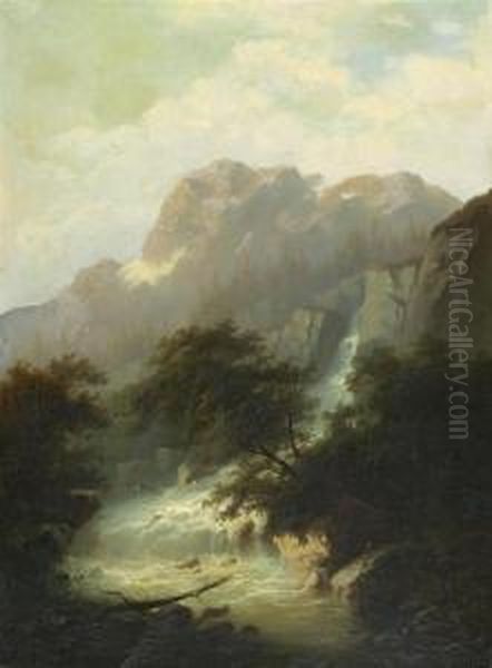 Wetterhorn Mit Wasserfall. Oil Painting by Francois Roffiaen