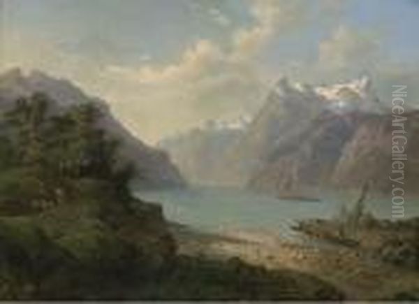 Traders On An Alpine Lake Oil Painting by Francois Roffiaen