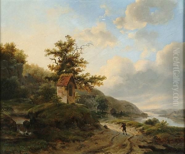 Figure On A Path In A River Landscape Oil Painting by Francois Roffiaen