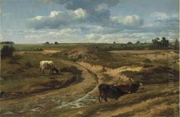 Cattle Grazing By A Sandy Track In Summer Near Genck Oil Painting by Francois Roffiaen