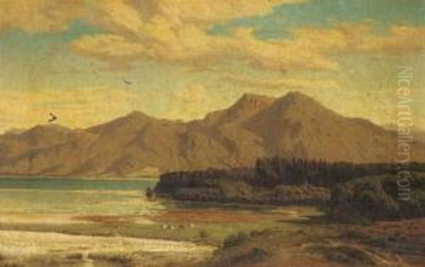 Cattle Grazing Before A Mountain Lake Oil Painting by Francois Roffiaen