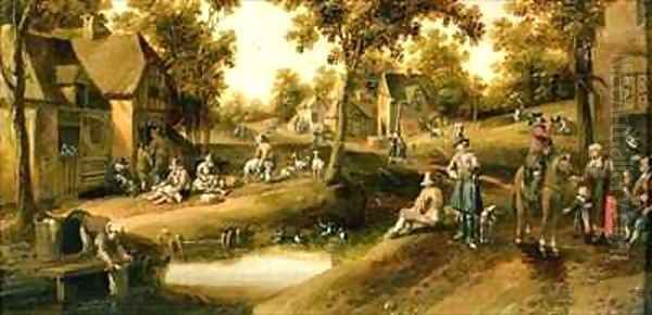 A Village Scene with Peasants on Banks of a Stream Oil Painting by Cornelius Droochsloot