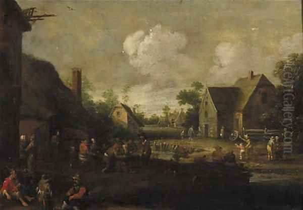 A village street with boors at table outside a tavern, beggars in the foreground Oil Painting by Cornelius Droochsloot