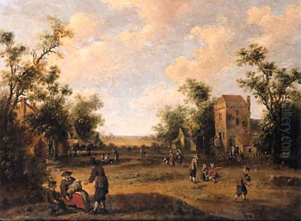 A village street with peasants resting and conversing Oil Painting by Cornelius Droochsloot