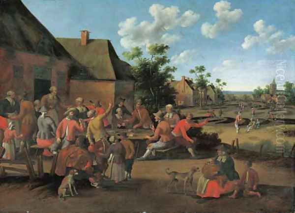 Peasants feasting outside an inn in a village Oil Painting by Cornelius Droochsloot