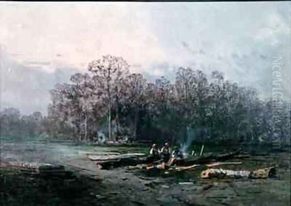 Misty Landscape with Woodcutters Oil Painting by Eugene Deshayes