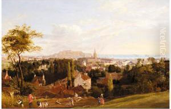 View Of St Helier, Jersey,with Fort Regent And Elizabeth Castle In St Aubin's Bay Beyond Oil Painting by Phillip Hutchins Rogers